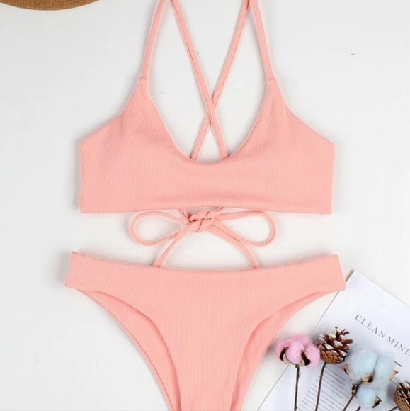 Rib Knit Cross Tie Back Cheeky Bikini Size Large (8-10) 👙HP👙 6/10 - Picture 2 of 7